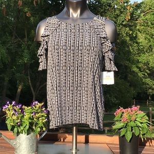 Rafaella Womens S Key Hole Sleeve Top Black Striped Pretty Print NWT Petite